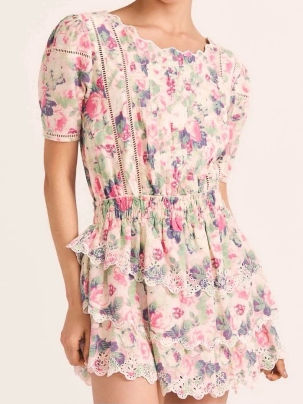 LoveShackFancy Pink Floral Lace-Trim Dress